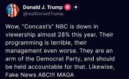 特朗普：NBC今年收视率下降了近28% 他们的节目糟糕透顶