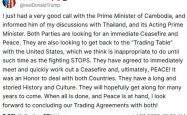 “不停火就没有贸易谈判”，特朗普与泰柬领导人通话
